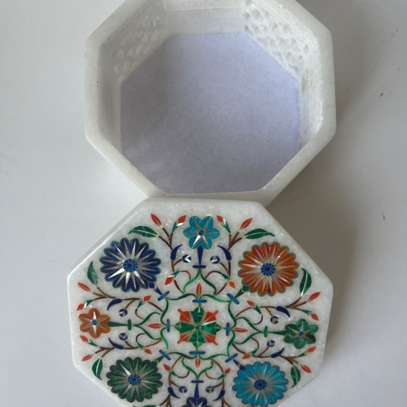 Octagon Marble Inlay Pietra Dura Art Jewelry Handcraft Handmade Box White Floral - Picture 9 of 15